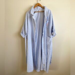 Vintage Long Blue White Cotton Blend Robe Floral Accent
